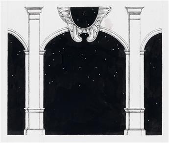(THEATER.)  EDWARD GOREY. 6 pen and ink set designs of architectural structures